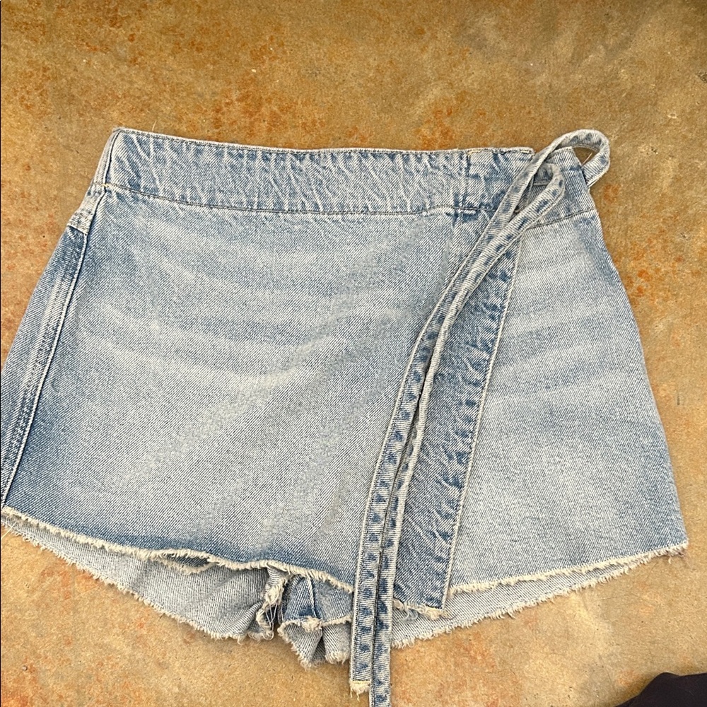 Free People Light Blue Denim Wrap Shorts